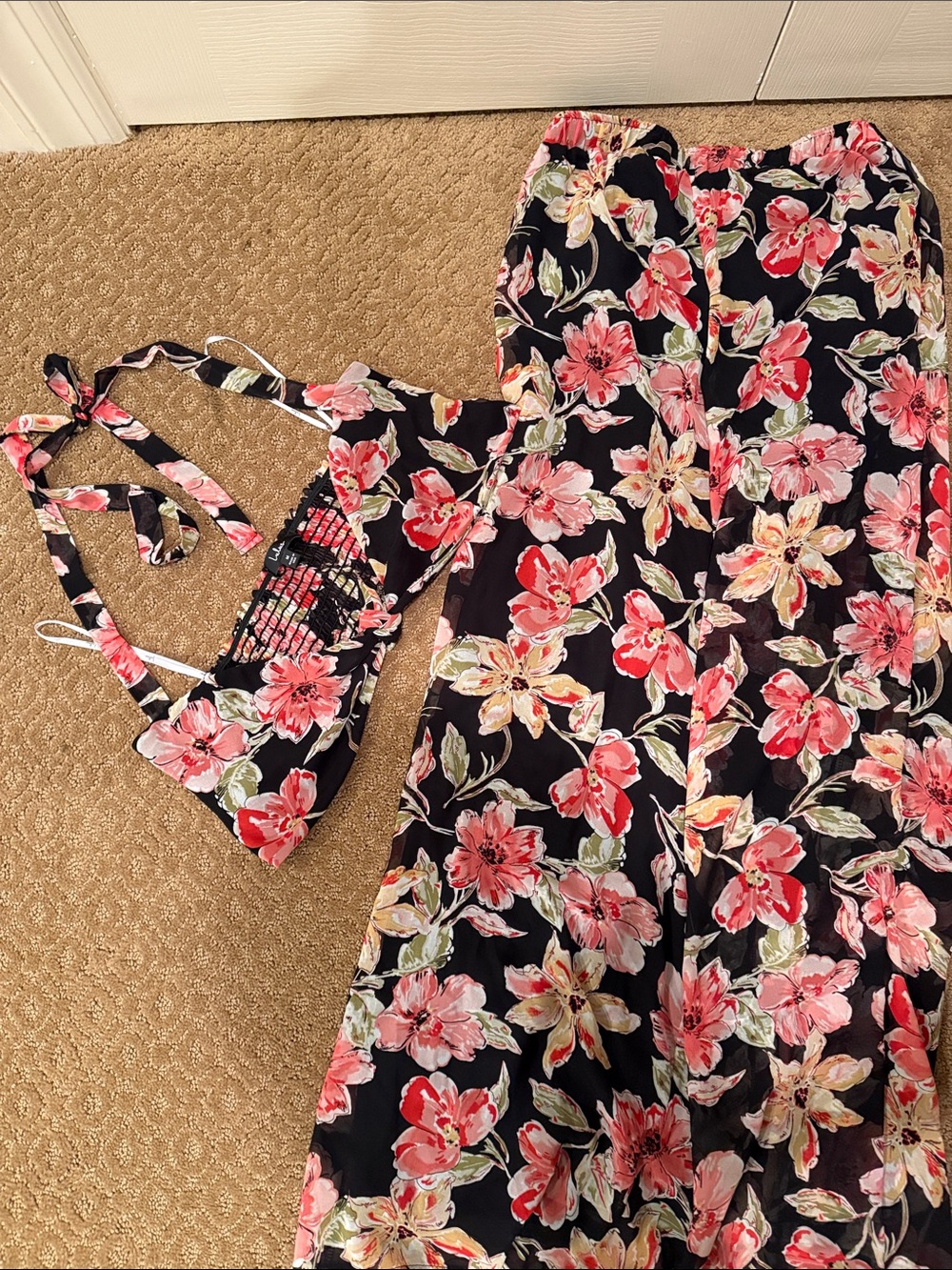 Lulu's Black Maxi Skirt with Pink & Cream Floral Print